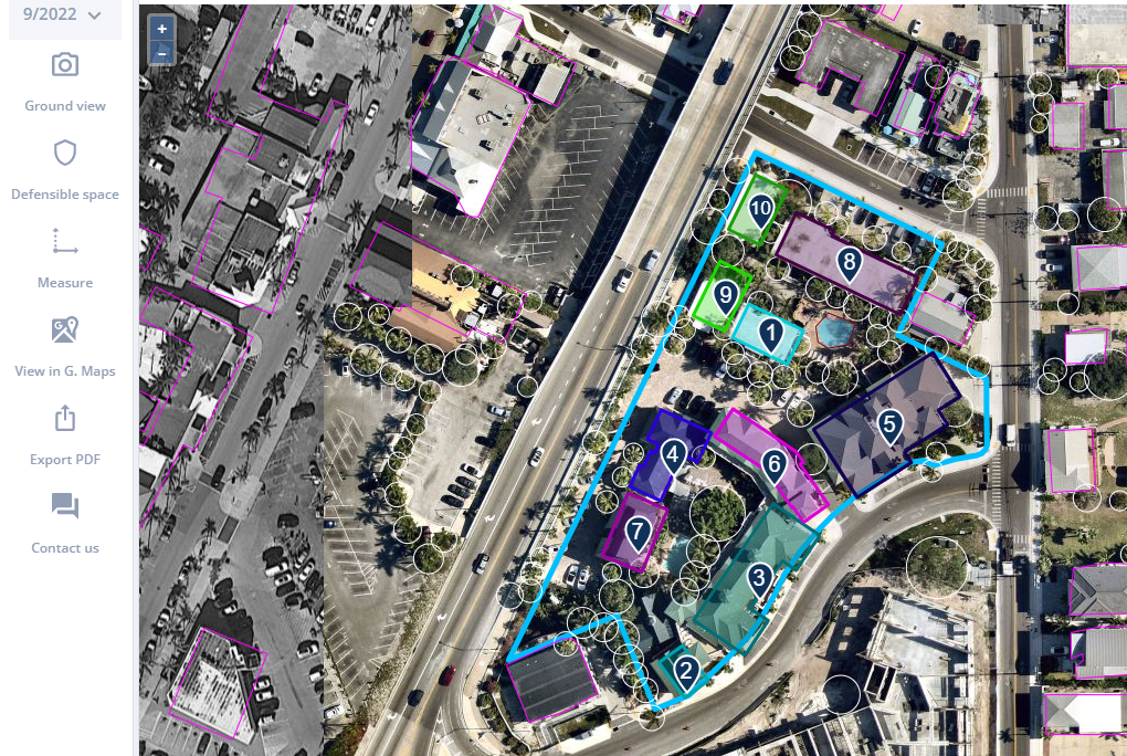 Underwriting Workspace: attribute panel, numbered building footprints, parcel outline, and detected trees on aerial imagery
